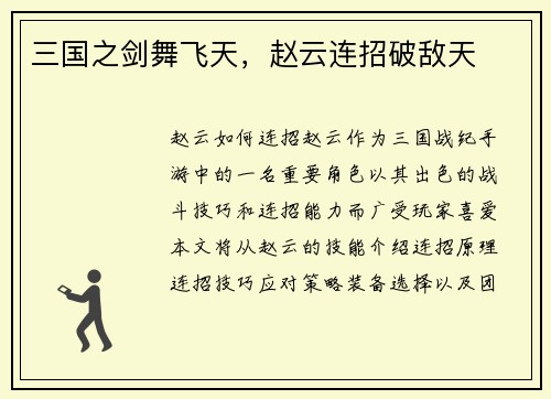 三国之剑舞飞天，赵云连招破敌天